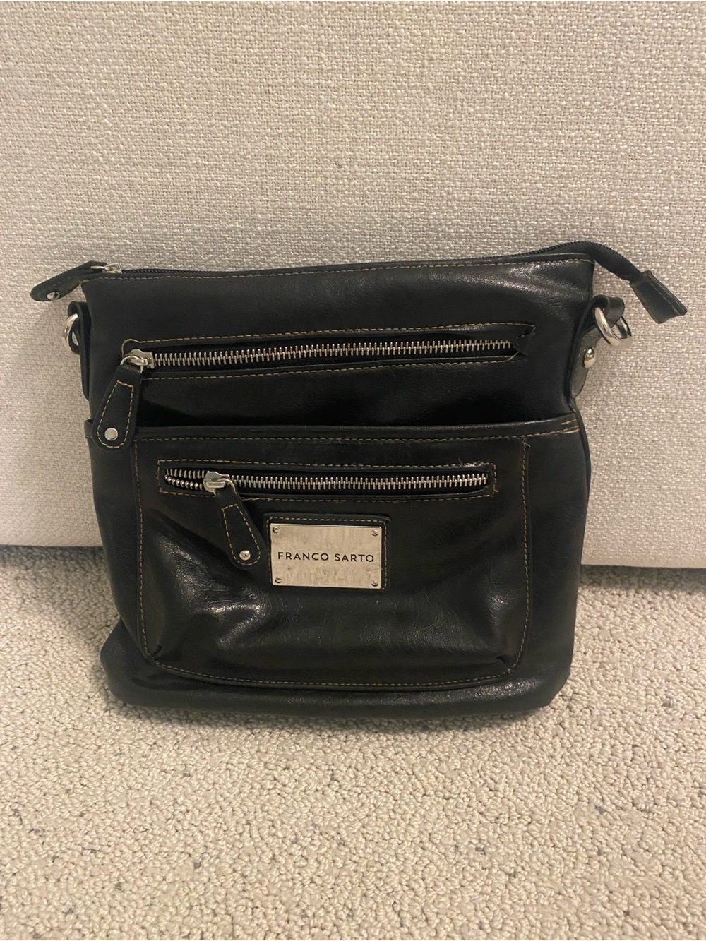 Franco Sarto Black Leather Messenger Bag with Front Zip Pockets